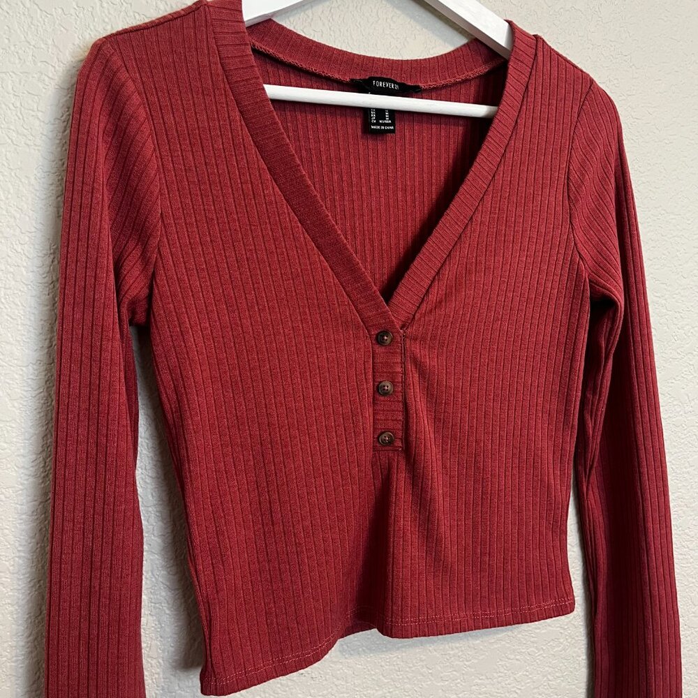 Forever 21 Cropped Ribbed Long Sleeve Top Women Size M